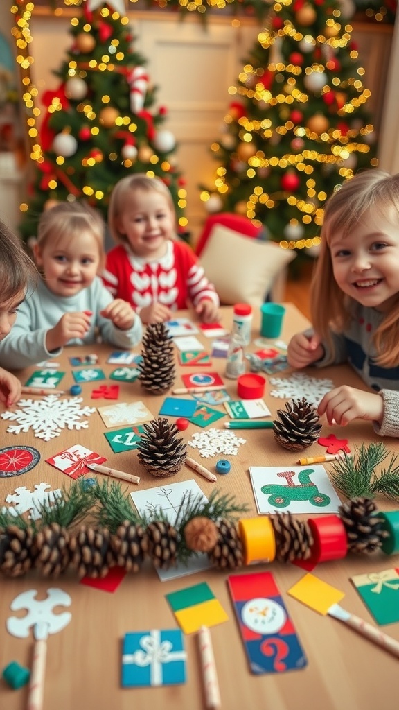 Children making DIY Christmas decorations with paper snowflakes, pinecones, and card garlands.